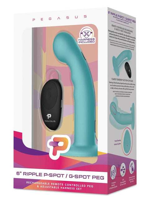 Pegasus Remote Control Ripple P-Spot/G-Spot Silicone Peg with Harness 6in - Aqua