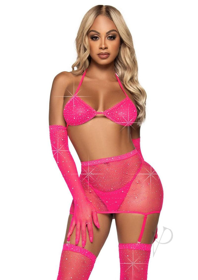 Leg Avenue Rhinestone Fishnet Garter Skirt Set with Bikini Top, G-String, Gloves and Matching Stockings (5 piece) - O/S - Neon Pink