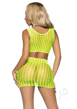 Leg Avenue Crochet Net Tank Crop Top and Mini Skirt (2 pieces) - OS - Neon Yellow