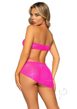 Leg Avenue Rhinestone Mesh Bra Top with Ring Accent, G-String Panty and Matching Sarong (3 pieces) - Small - Neon Pink