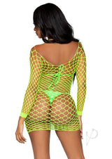 Leg Avenue Supreme Fence Net Long Sleeved Mini Dress - OS - Neon Green