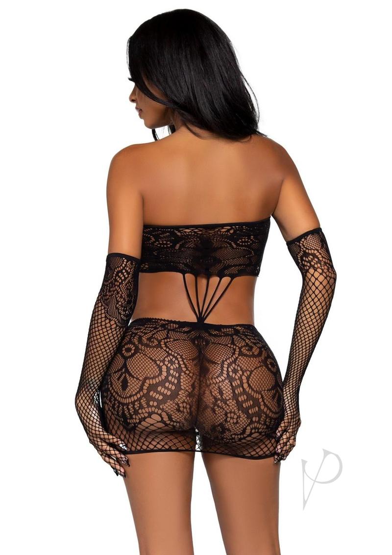 Leg Avenue Strappy Lace Tube Dress and Matching Gloves (2 pieces) - OS - Black