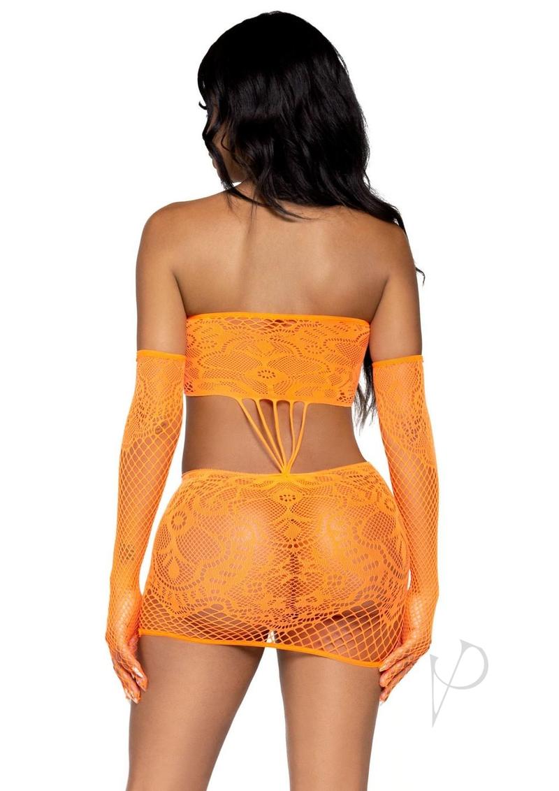 Leg Avenue Strappy Lace Tube Dress and Matching Gloves (2 pieces) - OS - Orange