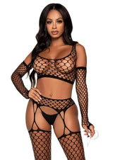 Leg Avenue Net Crop Top, Garter Stockings and Matching Gloves (3 pieces) - O/S - Black