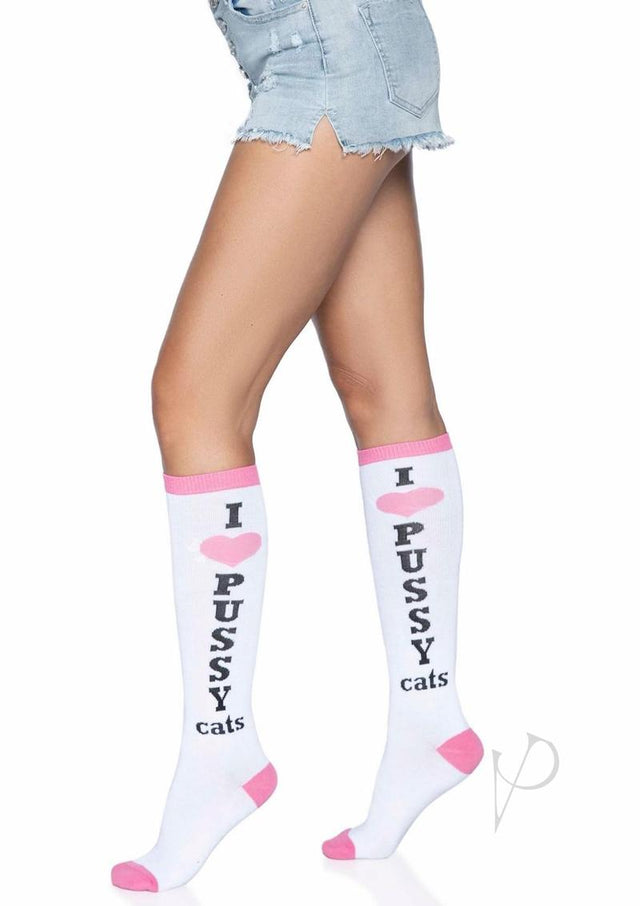 Leg Avenue Pussycat Knee Highs - O/S - White/Pink