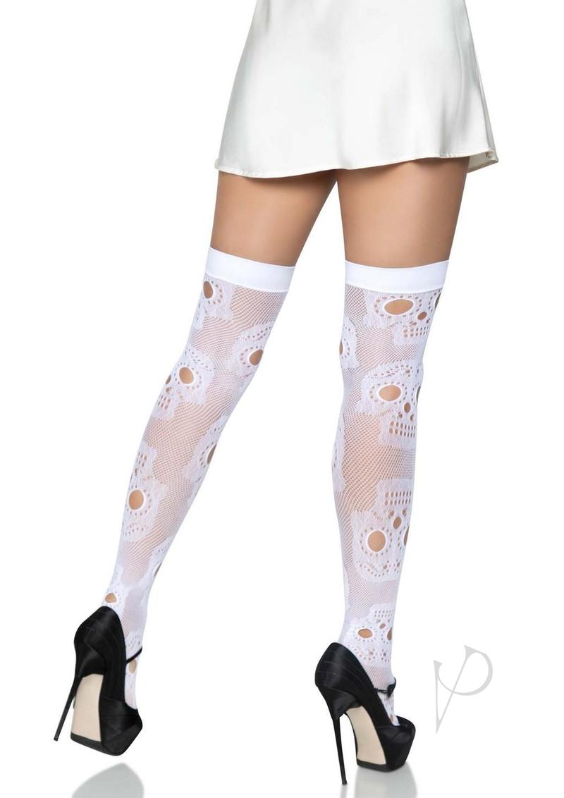 Leg Avenue Sugar Skull Net Thigh Highs - OS - White