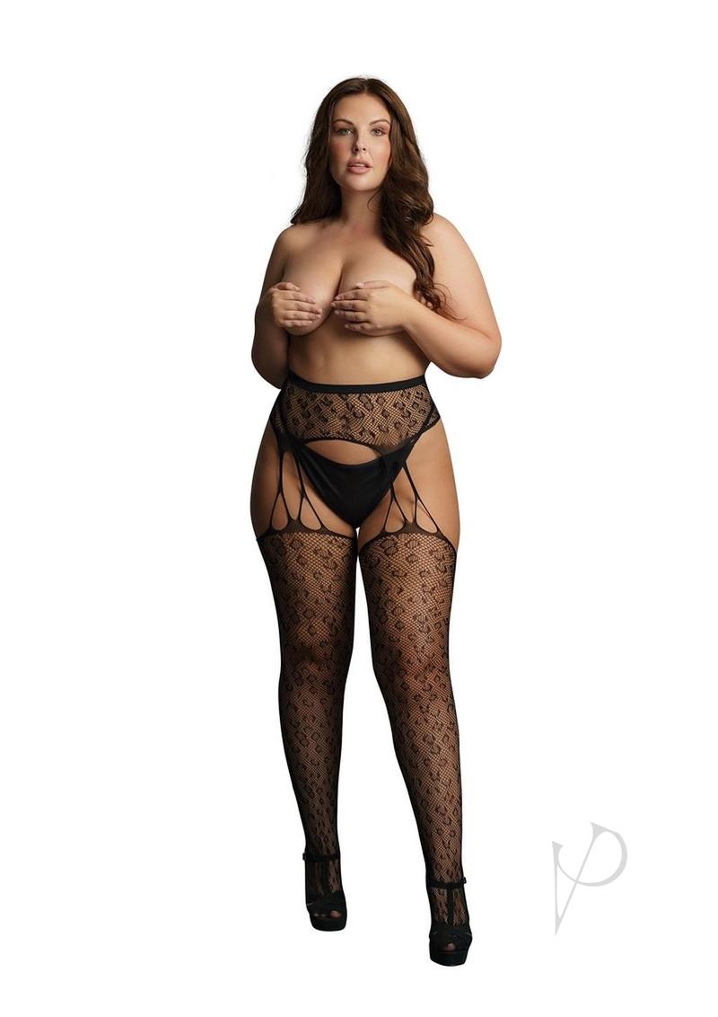 Le Desir Suspender Leopard Pantyhose - Queen - Black