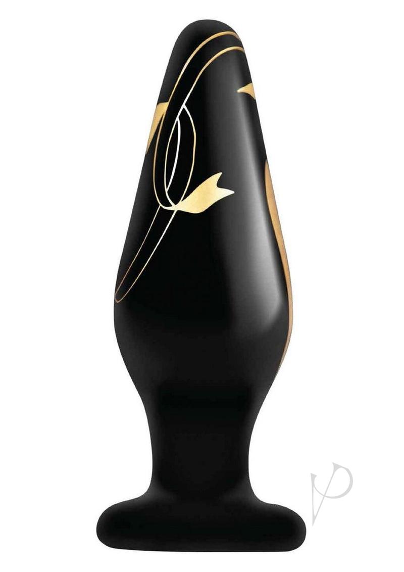Secret Kisses Handblown Wide Glass Anal Plug 4.5in - Black/Gold