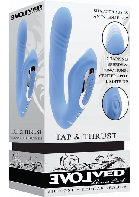 Tap and Thrust Rechargeable Silicone Vibrator with Clitoral Stimulation - Blue