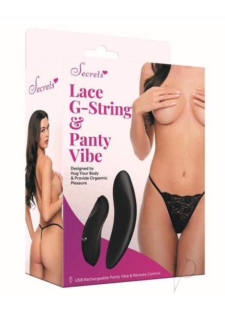 Secrets Rechargeable Silicone Lace G-String and Panty Vibe - OS - Black