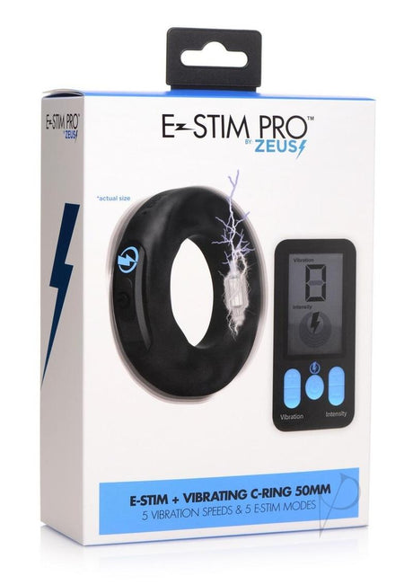 Zeus Vibrating and E-Stim Rechargeable Silicone Cock Ring with Remote Control 50mm - Black