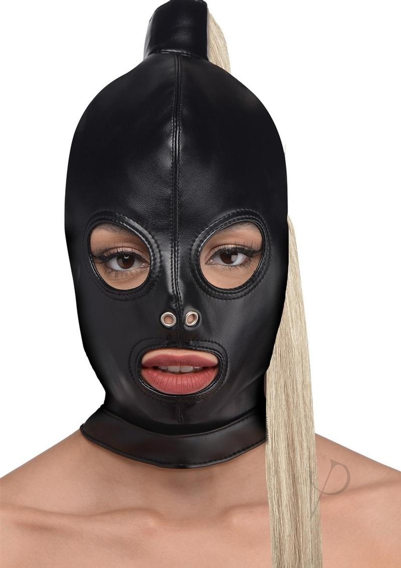 Strict Blonde Ponytail Bondage Hood - Black