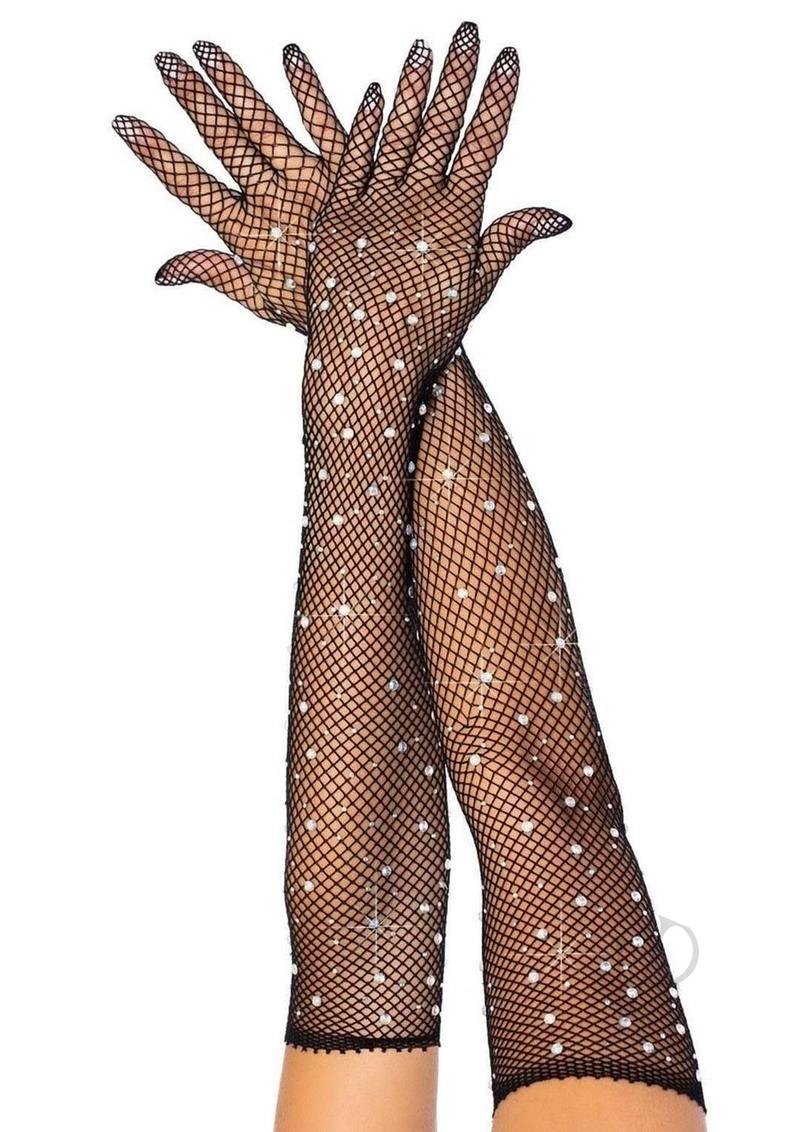 Leg Avenue Rhinestone Fishnet Opera Length Gloves - O/S - Black