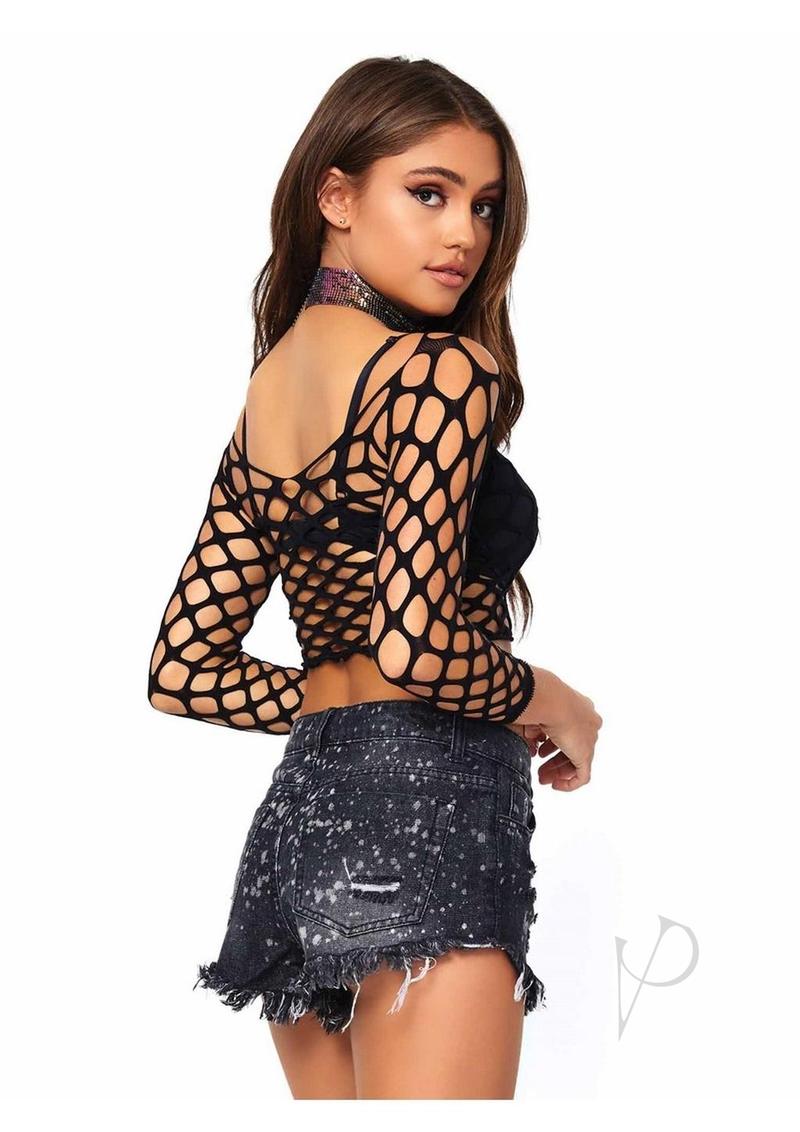 Leg Avenue Pothole Net Long Sleeved Crop Top - OS - Black