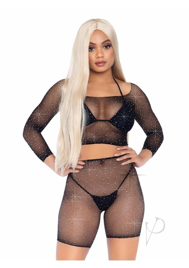 Leg Avenue Rhinestone fishnet long sleeve crop top and biker shorts (2 Piece) - O/S - Black