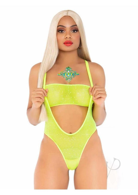 Leg Avenue Rhinestone Mesh Bandeau and Suspender Bodysuit (2 Piece) - O/S - Neon Yellow