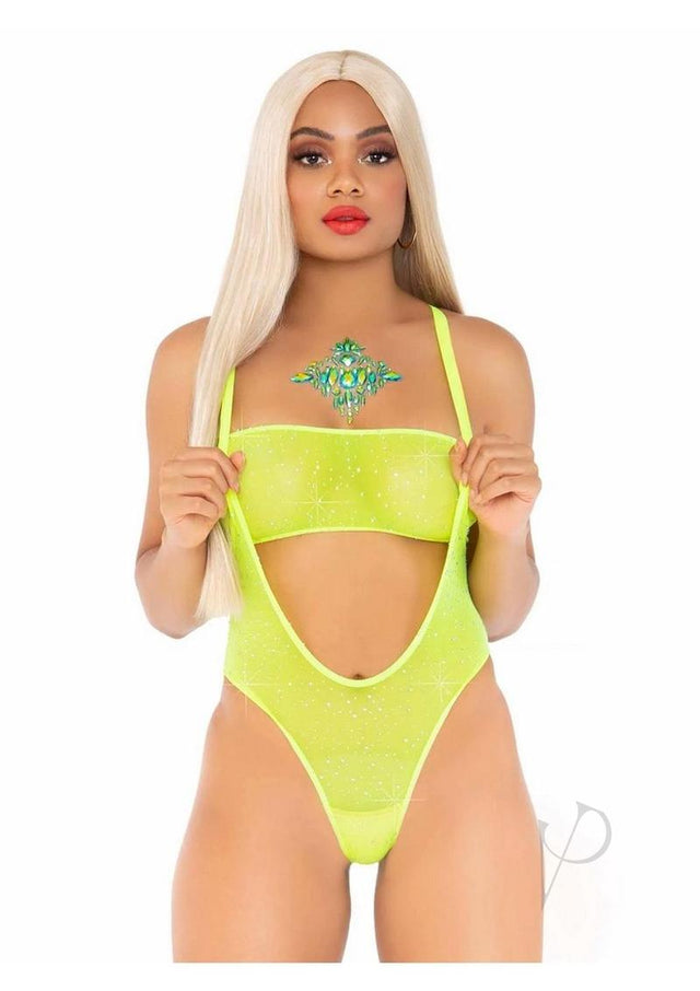 Leg Avenue Rhinestone Mesh Bandeau and Suspender Bodysuit (2 Piece) - O/S - Neon Yellow