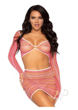 Leg Avenue Zig Zag Net Gauntlet Sleeve Crop Top and Mini Skirt (2 Piece) - O/S - Pink