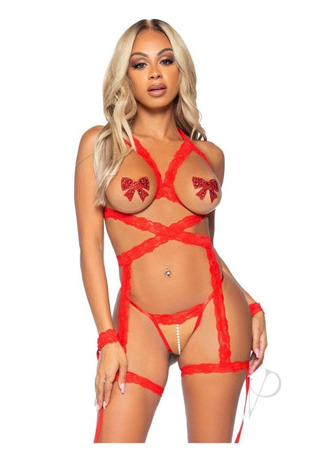Leg Avenue Lace Halter Cami Garter with Open Cups, Crotchless Pearl G-String, and Lace Restraint Cuffs (3 Piece) - O/S - Red