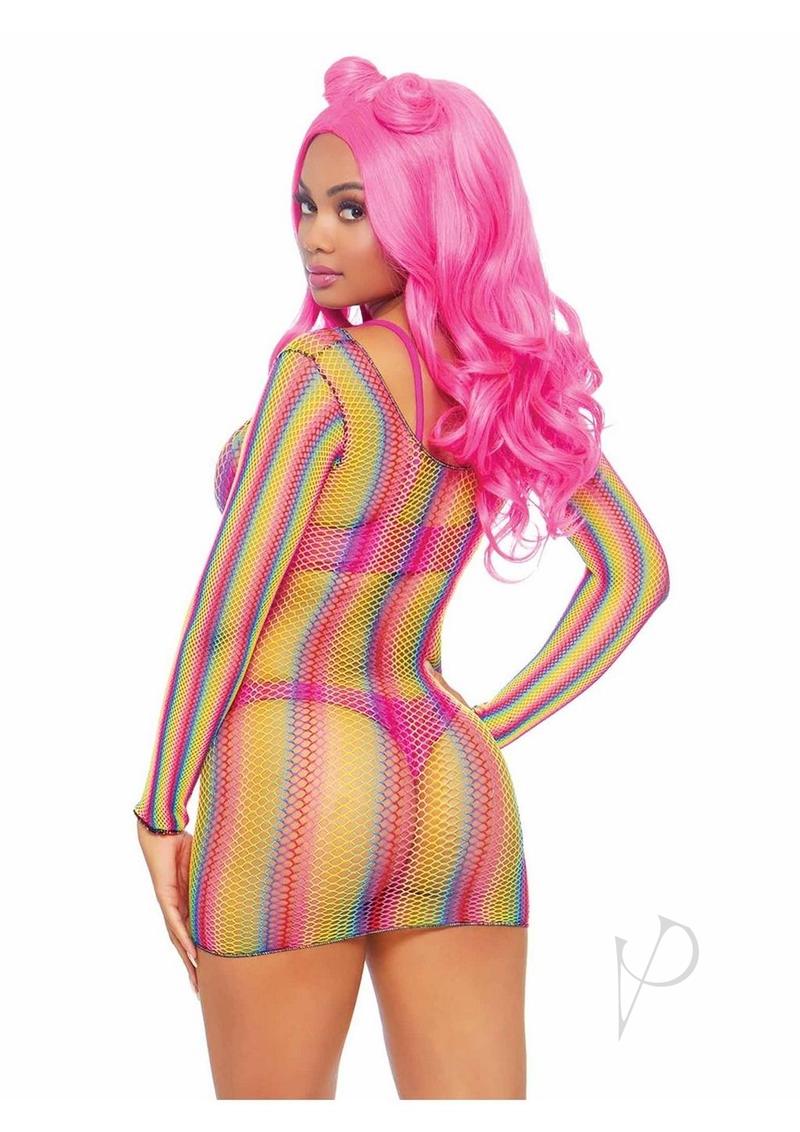 Rainbow Fishnet Long Sleeve Mini Dress - OS - Multicolor