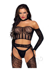 Leg Avenue Lace Long Sleeve Halter Choker Crop Top, Lace Suspender Hose, and G-String (3 Piece) - O/S - Black