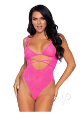 Leg Avenue Rhinestone Mesh Wrap Around Bikini Top and Suspender Bodysuit (2 Piece) - O/S - Pink