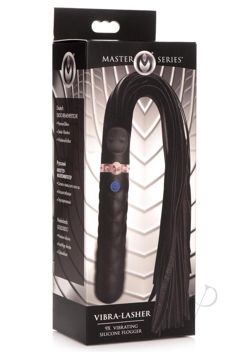 Master Series Vibra-Lasher 9X Vibrating Silicone Dildo Flogger - Black
