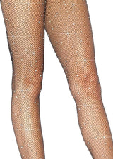 Leg Avenue Fishnet Crystalized Tights with Multi-Sized Iridescent Rhinestones - OS - Black