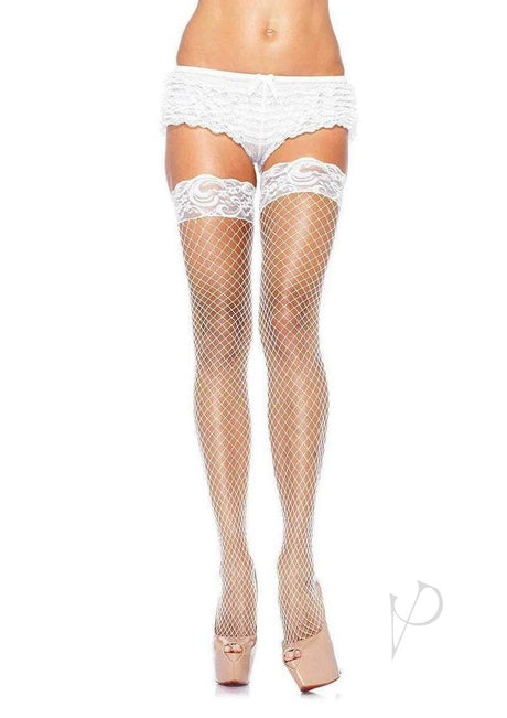 Leg Avenue Spandex Industrial Net Thigh Highs with Stay Up Silicone Lace Top - O/S - White