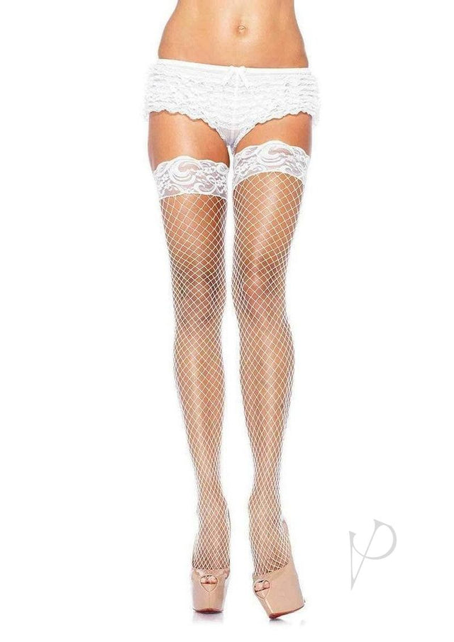 Leg Avenue Spandex Industrial Net Thigh Highs with Stay Up Silicone Lace Top - O/S - White