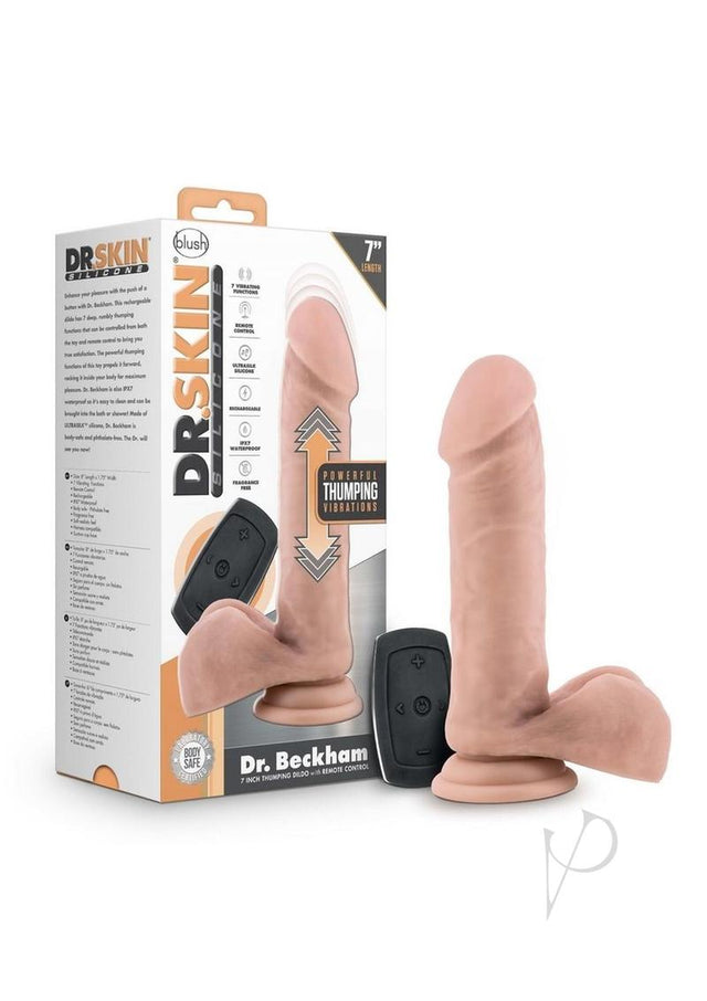 Dr. Skin Platinum Collection Silicone Dr. Beckham Rechargeable Thumping Dildo with Remote Control 7in - Vanilla