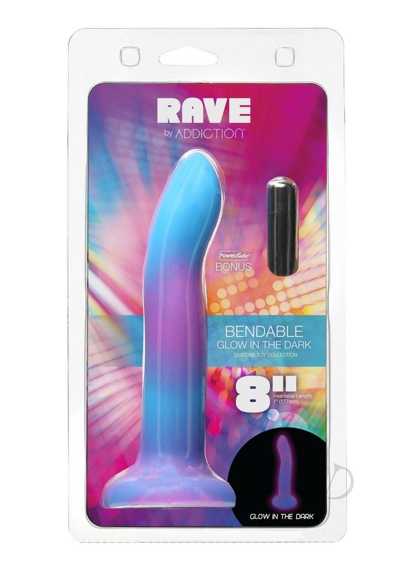 Addiction Rave Silicone Glow In The Dark Dildo 8in - Blue/Purple