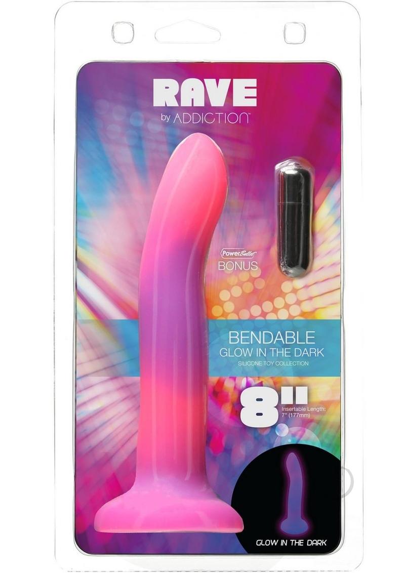 Addiction Rave Silicone Glow In The Dark Dildo 8in - Pink/Purple