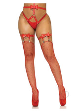 Vegan Leather Thigh High Bow Garter with Adjustable Straps and Heart Ring Accent - OS - Red