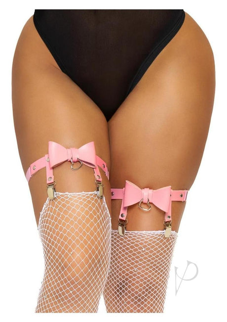 Vegan Leather Thigh High Bow Garter with Adjustable Straps and Heart Ring Accent - O/S - Pink
