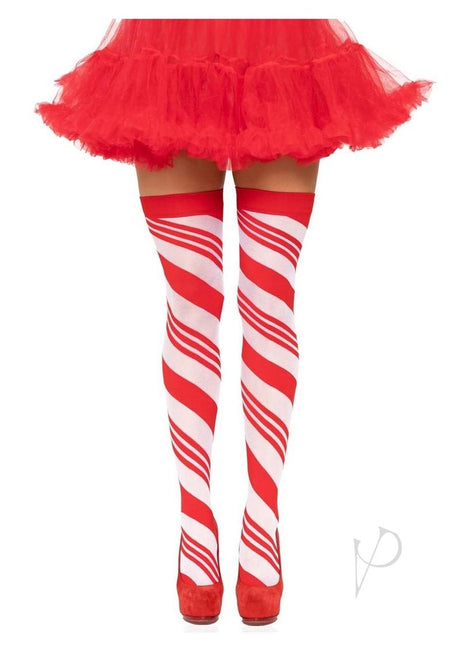 Spandex Sheer Candy Cane Striped Thigh Highs - O/S - Red/White
