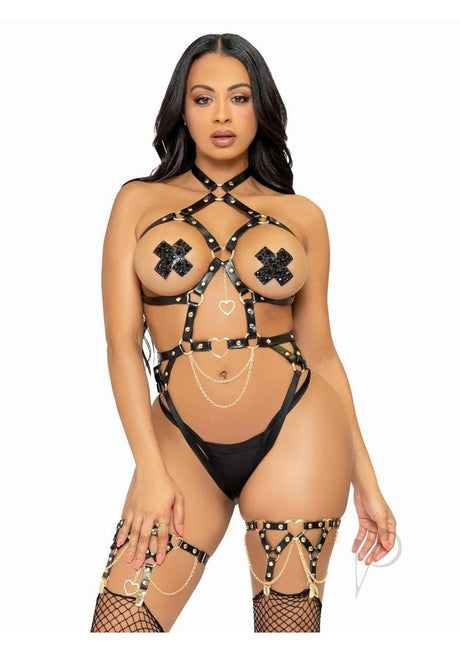 Leg Avenue Convertible Vegan Leather Heart Ring Studded Harness Teddy with Panty-Straps, and Chain - Medium - Black