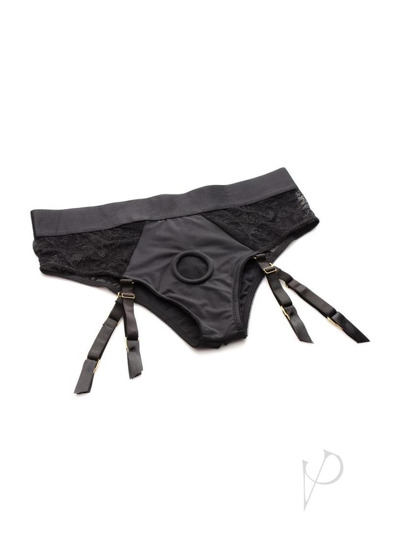 Strap U Laced Seductress Lace Crotchless Panty Harness with Garter Straps - Small/Medium - Black