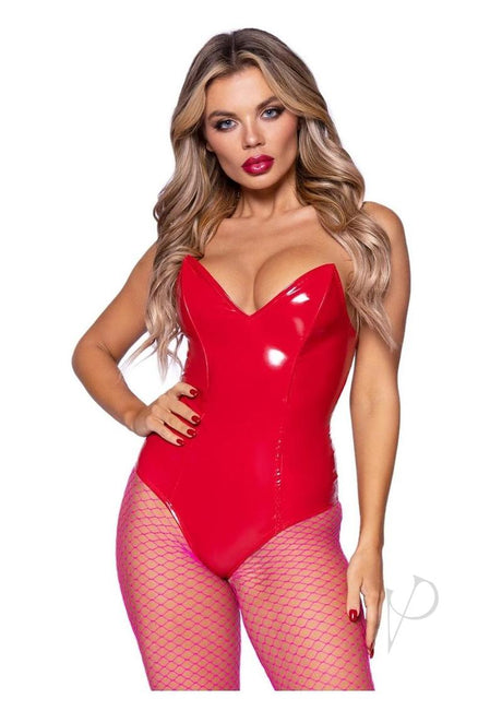 Leg Avenue Vinyl Boned Bodysuit - Small - Red