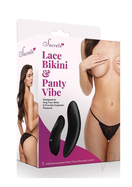 Secrets Lace Panty and Rechargeable Remote Control Panty Vibe - O/S - Black