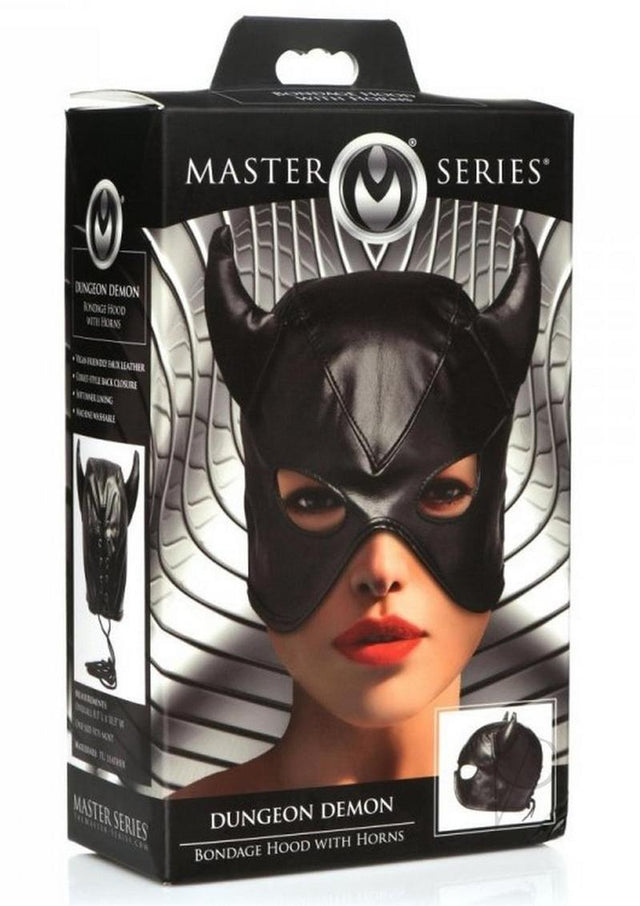 Master Series Dungeon Demon Bondage Hood with Horns - Black