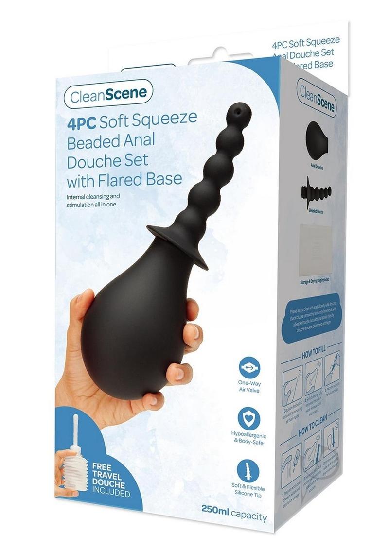 CleanScene Soft Squeeze Beaded Anal Douche Set with Flared Base (4 Piece) - Black