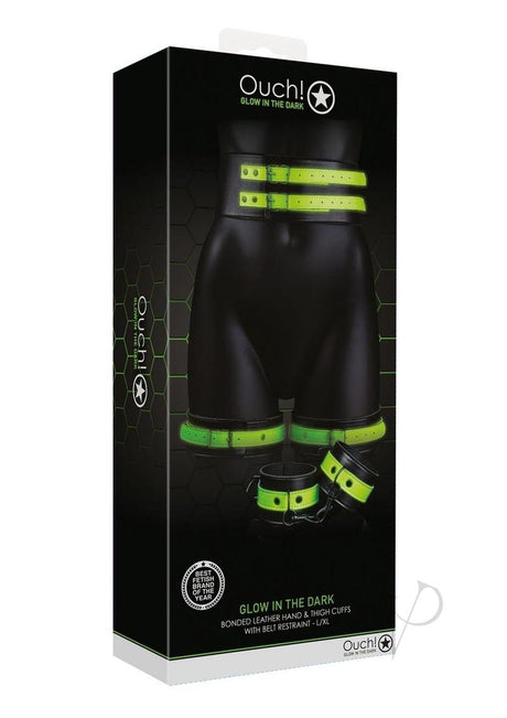 Ouch! Thigh Cuffs with Belt and Handcuffs Glow in the Dark - Large/XLarge - Green