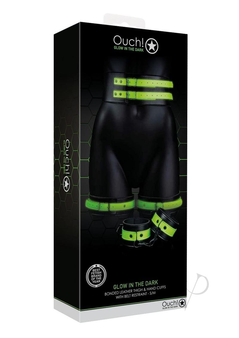 Ouch! Thigh Cuffs with Belt and Handcuffs Glow in the Dark - Small/Medium - Green