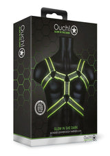 Ouch! Bonded Leather Body Harness Glow in the Dark - Small/Medium - Green