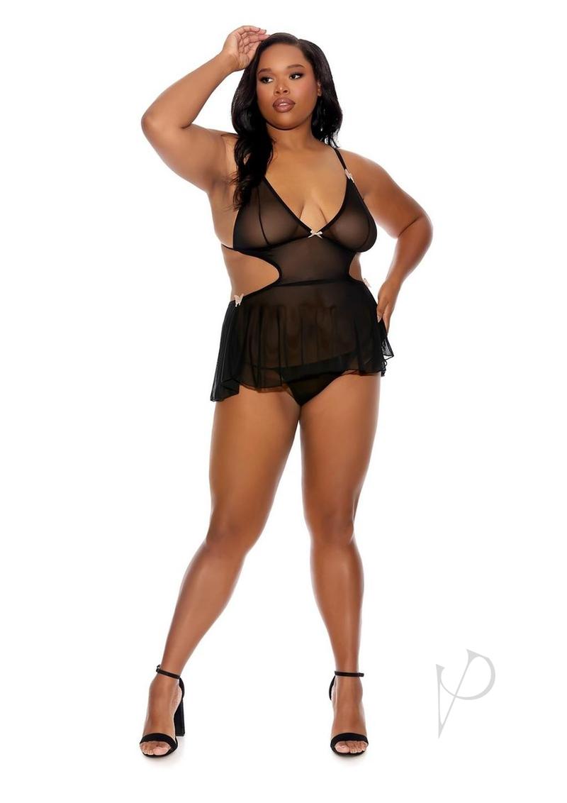 Barely Bare Tie-Back Baby Doll Teddy and Thong - Plus Size - Black