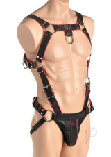 Master Series Heather`s Harness Male Body Harness - Small/Medium - Black/Red