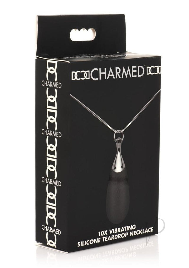 Charmed 10X Vibrating Silicone Teardrop Necklace Rechargeable Stimulator - Black/Silver