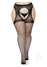 Leg Avenue Oval Net Suspender Hose with Opaque Top - 1X/2X - Black