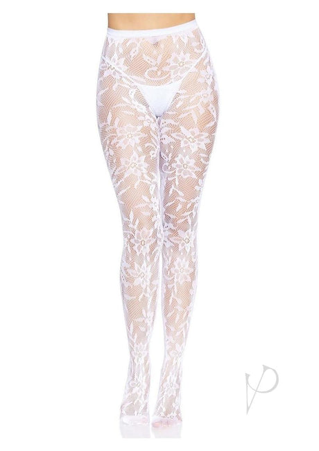 Leg Avenue Seamless Chantilly Floral Lace Tights - O/S - White